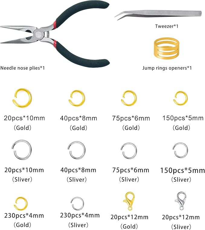 Jump Rings for Jewelry Making Kit, 1200 pcs Open Jump Rings Jewelry Repair Kit for Necklace Bracelet, Lobster Clasps and Closures Repair Supplies Kit with Pliers Tweezers (Gold/Silver)