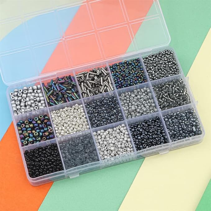 Mix 15 Color Glass Seed Tube Beads Glass Bugle Beads Loose Kit for Jewelry Making DIY Craft Beading (Mix 15 Color, Black)
