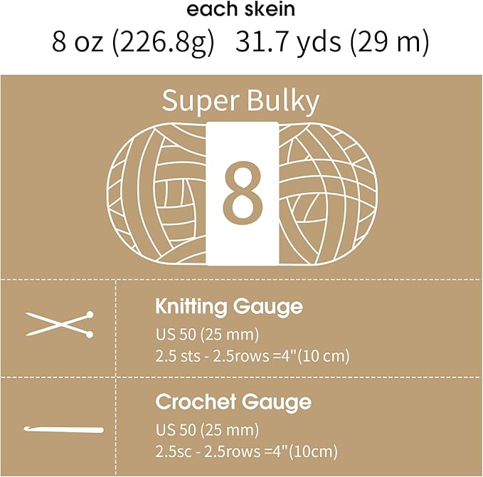 MABOZOO Assorted Chunky Yarn for Crocheting - 8 Pack, Fluffy Chenille & Giant Thick Fuzzy Yarn - 4 White & 4 Khaki (31.7 yds, 8 oz Each)
