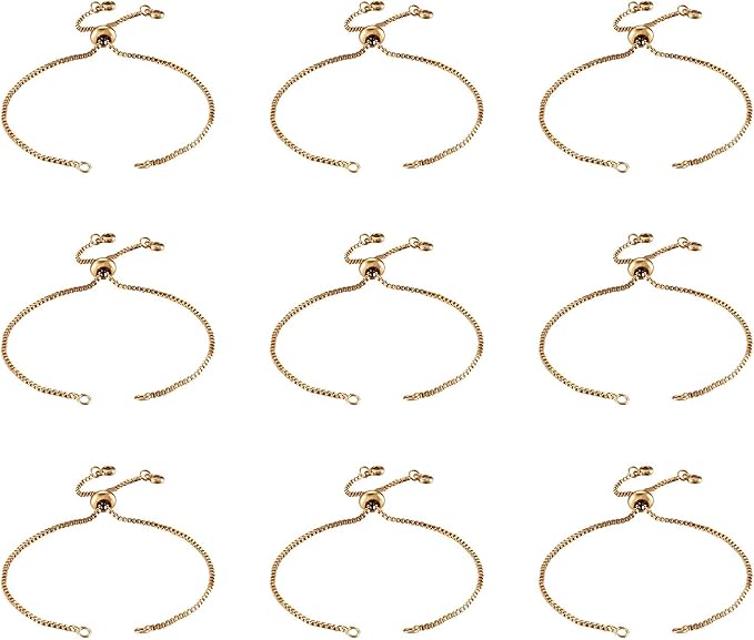 FASHEWELRY 10 Strands Adjustable Brass Bracelet Slider Extender Chains with Cubic Zirconia Ends 4-3/8" to 4-3/4"(110~120mm) Real 18K Gold Plated for DIY Jewelry Making