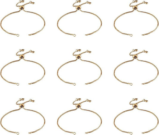 FASHEWELRY 10 Strands Adjustable Brass Bracelet Slider Extender Chains with Cubic Zirconia Ends 4-3/8" to 4-3/4"(110~120mm) Real 18K Gold Plated for DIY Jewelry Making