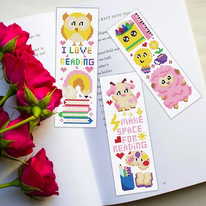 ORIGACH 6 Set Cartoon Animal & Reading Elements Cross Stitch Bookmark Kit for Beginner with Backing Felt Floss Instructions DIY Stamped Embroidery Bookmark Kit for Adults, Book Lovers