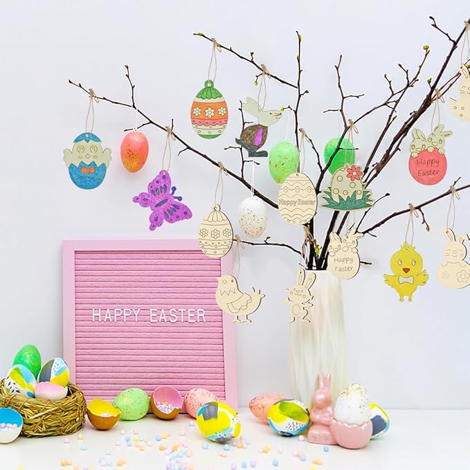 SDTHNT 60 PCS Wooden Easter Ornaments to Paint, 12 Styles DIY Unfinished Wood Crafts Kit with Strings, Colored Bells for Crafts Hanging Decorations, Egg Rabbit Bunny Butterfly Flower Hen Happy Easter