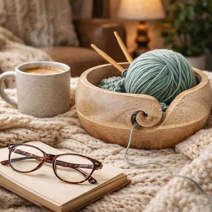 Mothers Day Gifts for Women Wooden Yarn Bowl Knitting Bowl Large Crochet Yarn Holder Handmade Crocheting Accessories and Supplies Organizer 7 x 3 Retirement Birthday Gift For Knitters