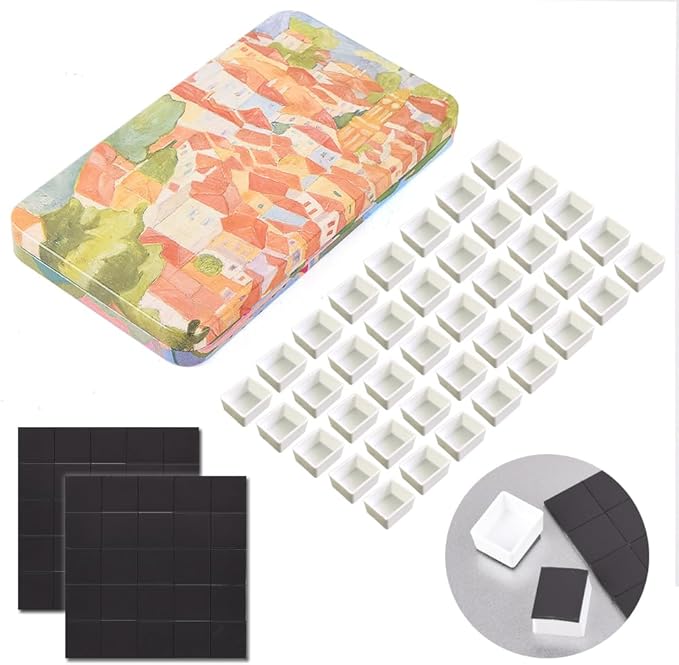 40Pcs Empty Half Pans with Magnetic Stripe Watercolor Paint Travel Tin Palette Case, Artist Paints Half Pan Kits for DIY Watercolor Oils or Acrylics Painting Art Drawing City