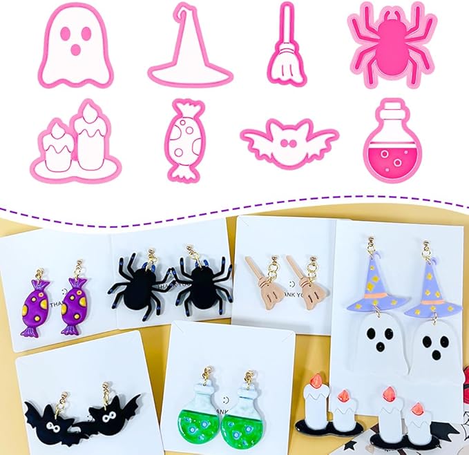 Xaekicr Halloween Polymer Clay Cutters Set – 8Pcs Halloween Clay Earring Cutters with Ghost, Witch Hat, Bat, Spider – Polymer Clay Molds & Clay Tools for DIY Jewelry