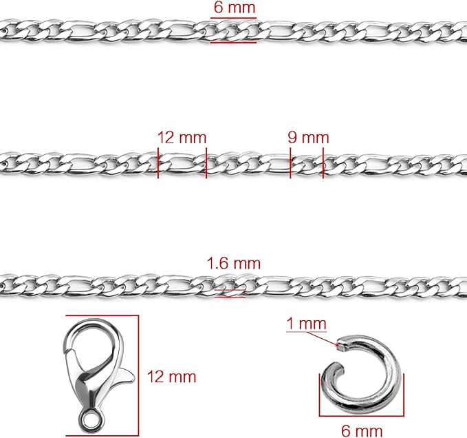 jishi 16ft figaro chain roll 6mm silver stainless steel necklace chain for jewelry making,diy mens&womens necklace bracelet crafts supplies findings,metal figaro link chain w/lobster clasps,jump rings