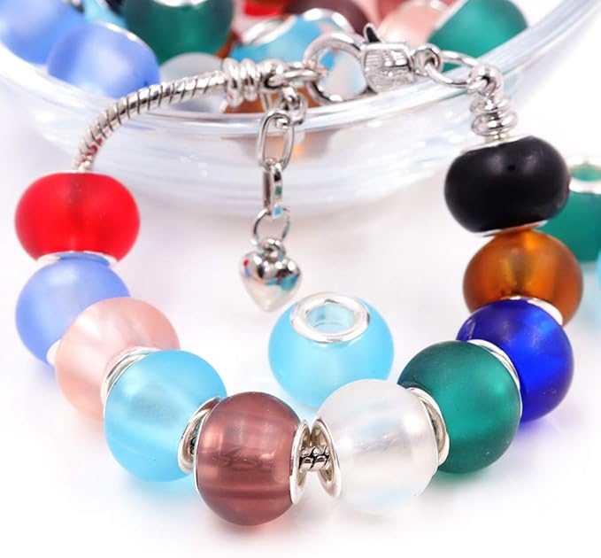 AIPRIDY 100Pcs 15x11mm Painting Murano Large Hole Glass Beads Mix Color with Silver Brass Cores European Charm fit Bracelet Necklace (Dull Polish Effect)