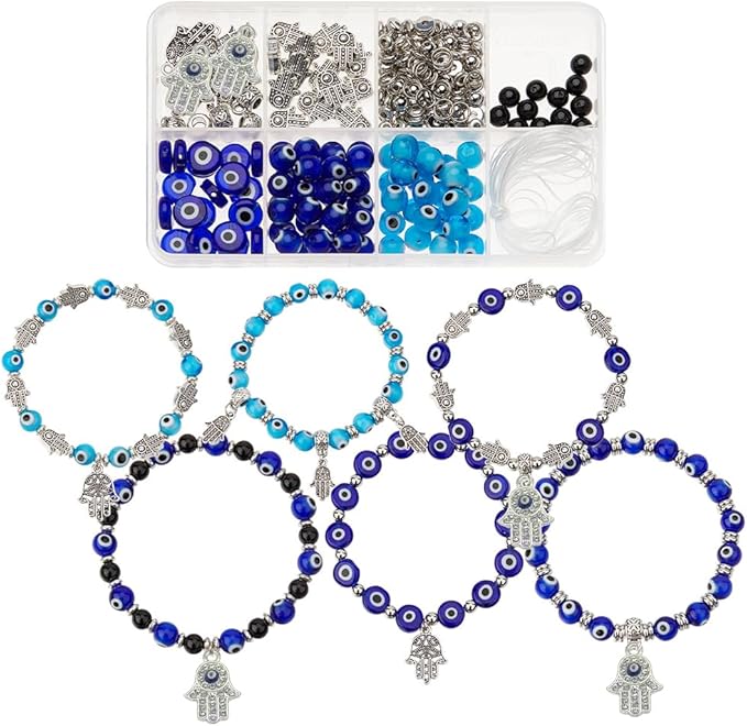 SUNNYCLUE 1 Box 240Pcs 6 String Evil Eye Bracelets Making Kit 8mm/10mm Evil Eye Beads Bulk Lampwork Glass Beads Blue Hamsa Hand Charms for Jewelry Making Kits Women Adults DIY Bracelets Crafts