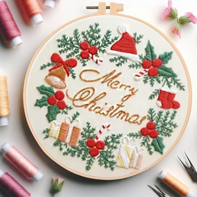 Huacan Embroidery Kits for Adults Beginner DIY Cross Stitch Stamped Christmas Pattern Stitching Wreath Sewing Kit 1 Piece 7.8 x 7.8 Inch