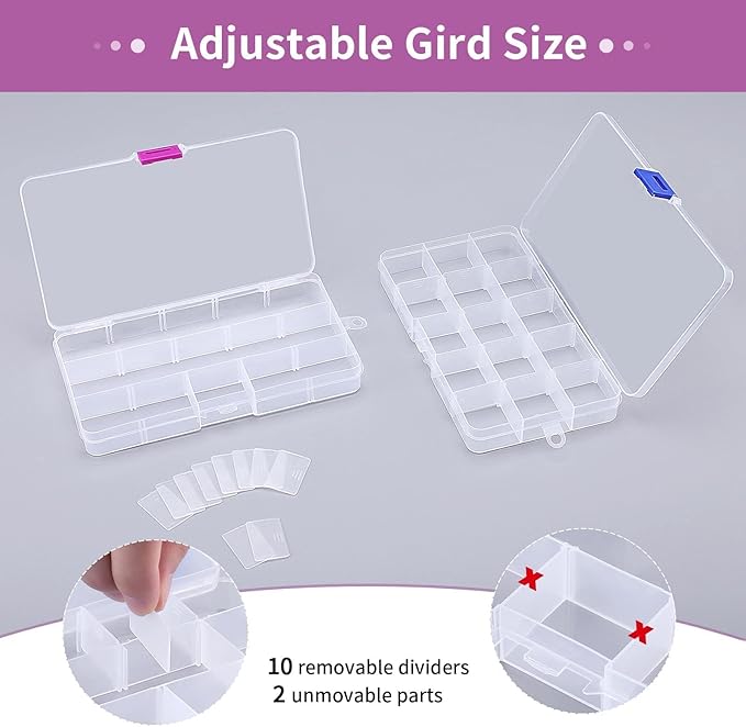 Opret 15 Girds Bead Organizer(8 Pack), Earring Organizer Box, SMALL Plastic Clear Organizing Containers with Adjustable Dividers for Crafts Jewelry Screws Small Items, Size 6.9×3.9×0.9in