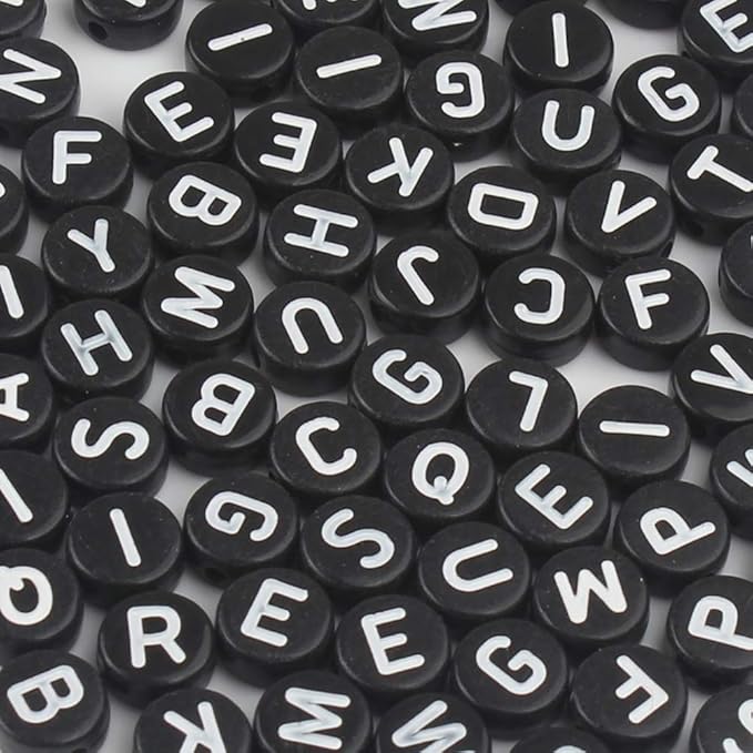 Song Xi 1200pcs Black Round Acrylic Alphabet Beads - White Letter Beads 4x7mm for Bracelets and Jewelry Making Key Chains