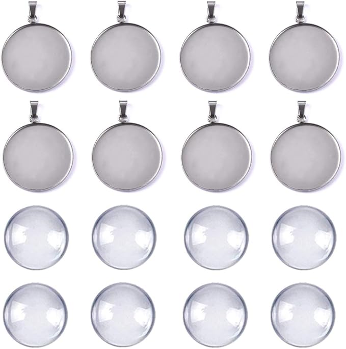 DROLE 60Pcs 20mm Stainless Steel Pendant Trays Kit-30Pcs Jewelry Blanks with Pinch Clip Clasp and 30Pcs Glass Cabochons for Jewelry Making DIY Crafts
