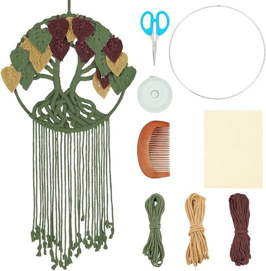 ORIGACH DIY Macrame Tree of Life Wall Hanging Kit Handmade Boho Leaves Tapestry Macrame Kit for Beginner Adults with Step by Step Instruction Macrame Wall Decor for Living Room, Dark Green