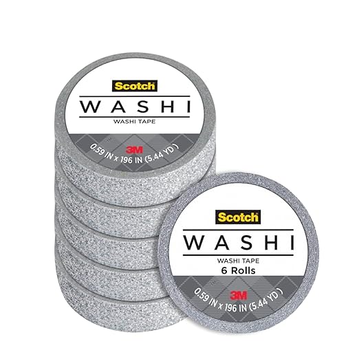 Scotch Expressions Glitter Washi Tape, Arts and Crafts Tape, .59 in x 196 in, Silver Glitter, 6 Rolls