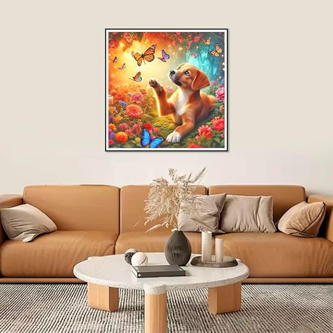 WSLWXSHM Diamond Painting Kits for Adults Dog, Butterfly Round Full Drill Diamond Art Kits, 5D DIY Paint with Diamonds Crafts for Home Wall Decoration Gifts 12×12Inch, Animal