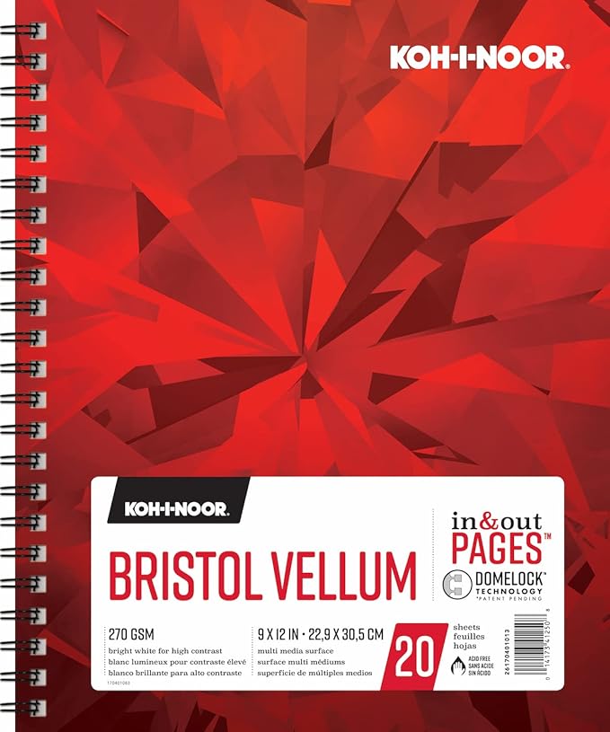 Koh-I-Noor 9" x 12" Bristol Vellum Bright White Paper Pad with In and Out Pages, 270 GSM, Side Wire-Bound, 20 Sheets per Pad (26170401013)
