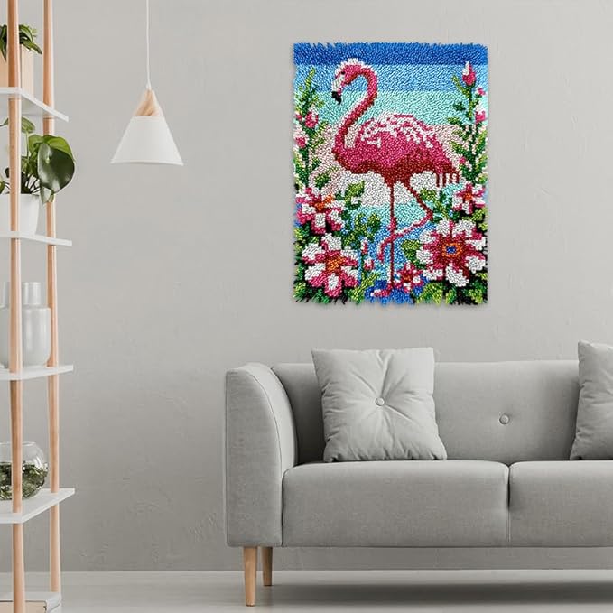 veirousa Flamingo Floral Latch Hook Kits for Adults, Beginners Birds Latch Hook Rug Starter Kit Pre-Printed Carpet Making Set DIY Handmade Wall Hanging Craft for Home Decoration 20x15 inch