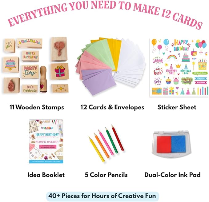 Birthday Card Making Kit for Kids – DIY Craft Kit with Wooden Stamps, Cards, Stickers & Ink Pad – Makes 12 Cards – Party Activity & Gift for Ages 4+
