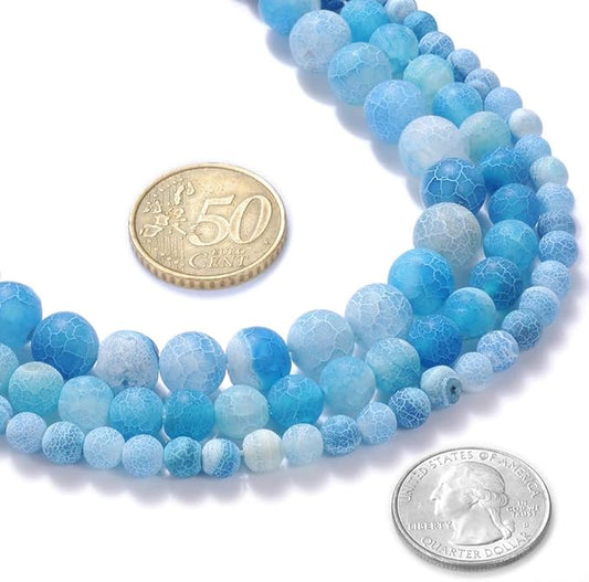 10mm Natural Blue Frosted Agate Gemstone Round Loose Beads Crystal Stone Bracelet Necklace Accessories Crafts for Jewelry Making DIY,1 Strand 15"
