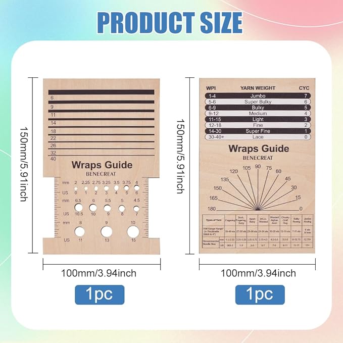 BENECREAT 2Pcs Rectangle Wooden Knitting Needle Gauge, Yarn Wrap Guide Board Knitting Tool for Spinners Yarn Measuring Crochet Accessories