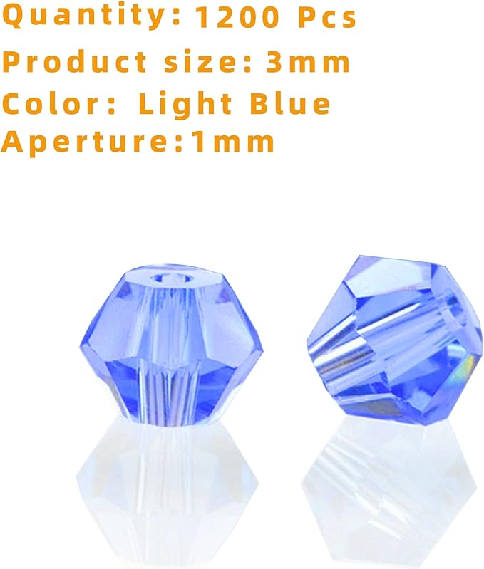 laopottbeads 1200pcs 3mm bicone crystal glass beads for jewelry making, sparkling mini beads for suncatchers, diy bracelets & craft projects (light blue)