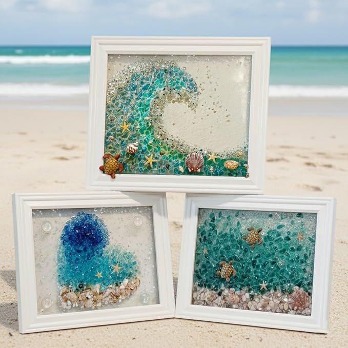 Sea Glass Art Kit, Mosaic Glass Photo Frame Set 9.5x7.5 Inch, Handcraft Style DIY Mosaic Craft Kits, DIY Resin Beach Art Kit for Home Decoration, Office, Bookshelf/Windowsill (Anchor)