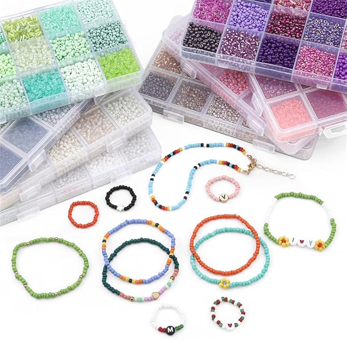 15 Color 4mm Small Assorted Glass Seed Beads,3mm Bugle Beads Friendship Bracelet Kit,2mm Tiny Tube Bead for Jewelry Making(White)