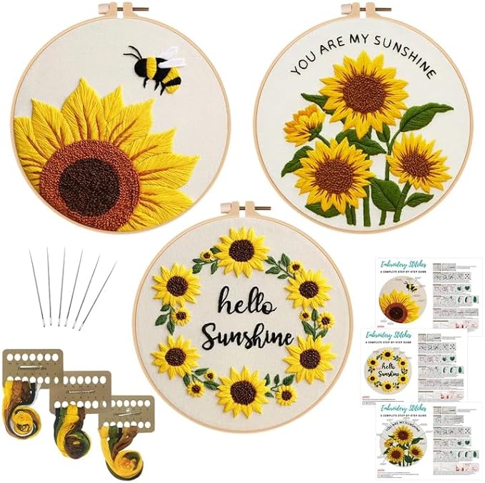 Nuberlic Sunflower Embroidery Kit 3 Pack Embroidery Kits for Adults Beginners Starter Cross Stitch Kit Set with Sunflower Floral Designs - Perfect DIY Gift