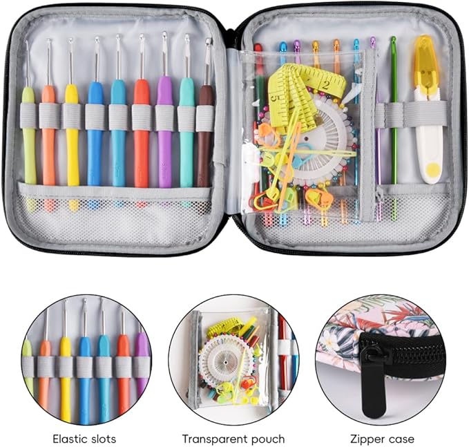 Crochet Hook Case,Portable Zipper Storage Organizer Bag for Crochet Hooks, Knitting Needles, Project & Sewing Supplies, Lightweight,Easy to Hold (No Accessories Included).Pink Flower