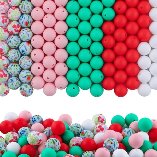 150Pcs Mixed Color 15mm Silicone Beads for Keychain Making, Pink Red Green Print Silicone Beads for Pens and Bracelet Jewelry Making