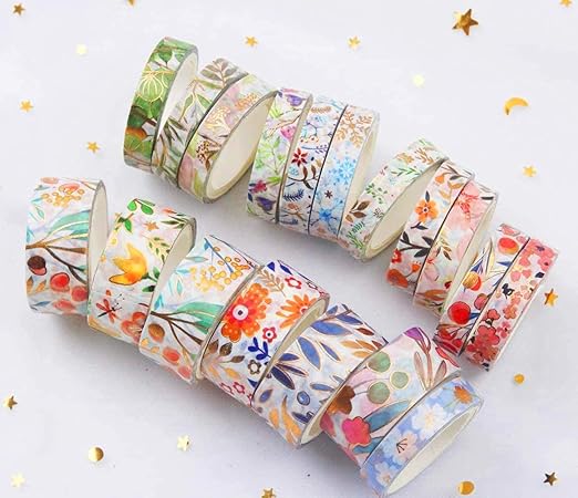 YUBX 18 Rolls Floral Gold Washi Tape Set VSCO Foil Masking Decorative for Arts, DIY Crafts, Journal Supplies, Planners, Scrapbook, Card/Gift Wrapping 8/15mm Wide (Flowers)