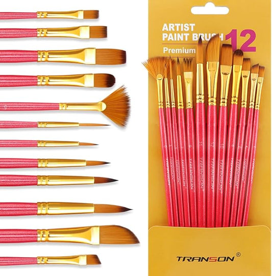 Transon Artist Paint Brush Set of 12 for Acrylic Watercolor Gouache Oil Craft Painting Hot Pink