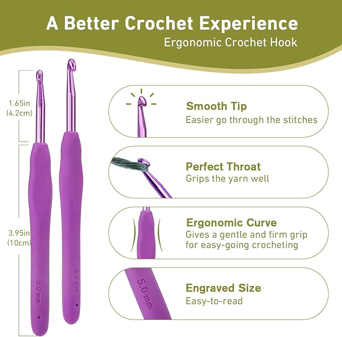 5mm Crochet Hook, Supers Smooth 5 mm Ergonomic Crochet Hooks for Beginner, Comfort for Arthritic, 1 Pack