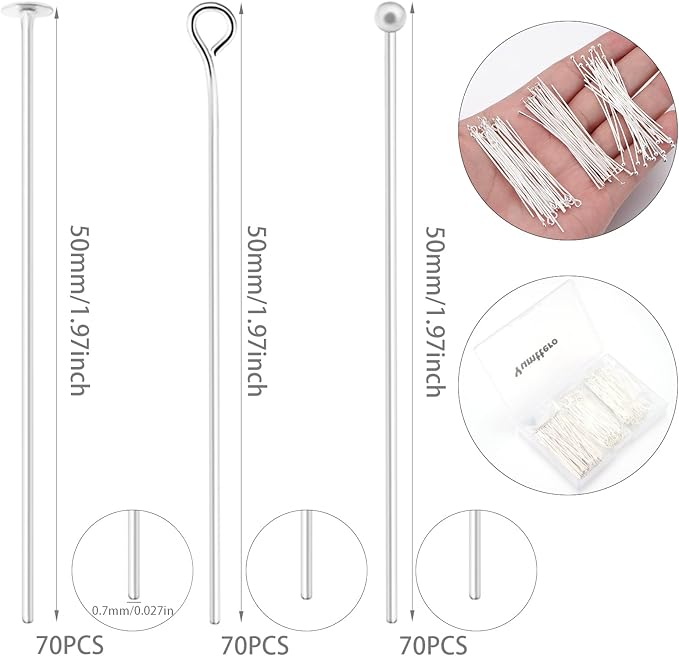 210 Pcs 50mm/1.97 Inch Head Pins for Jewelry Making Straight Ball Eye Pin for DIY Christmas Styles Craft Earring Bracelet Necklace Pendant Making (Mixed Pins,Sliver Color)