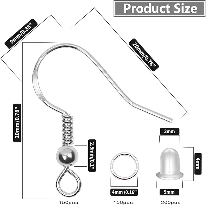 hypoallergenic earring hooks 150 pcs/75 pairs, silver plated ear wires fish hooks,500pcs earring making kit with jump rings and clear silicone earring backs stoppers for diy jewelry making