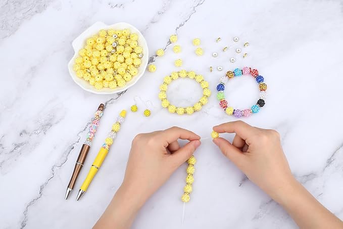 LAIDANLA 250pcs 12mm Yellow Rhinestone Beads and 8mm Rondelle Spacer Beads for Beaded Pens, Sparkly Shamballa Disco Baseball Bead for Bracelets Making Necklaces Earring DIY Craft