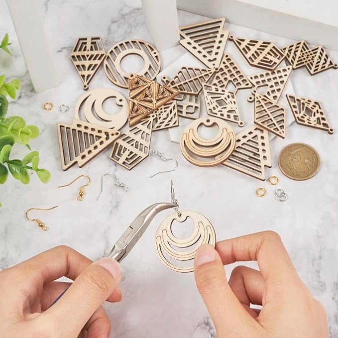 48pcs Wooden Earring Charms Unfinished Natural Wood Filigree Pendants in Round & Triangle & Rhombus & Kite & Tree Shape with Earring Hooks & Jump Rings for Boho Earring DIY Jewelry Making