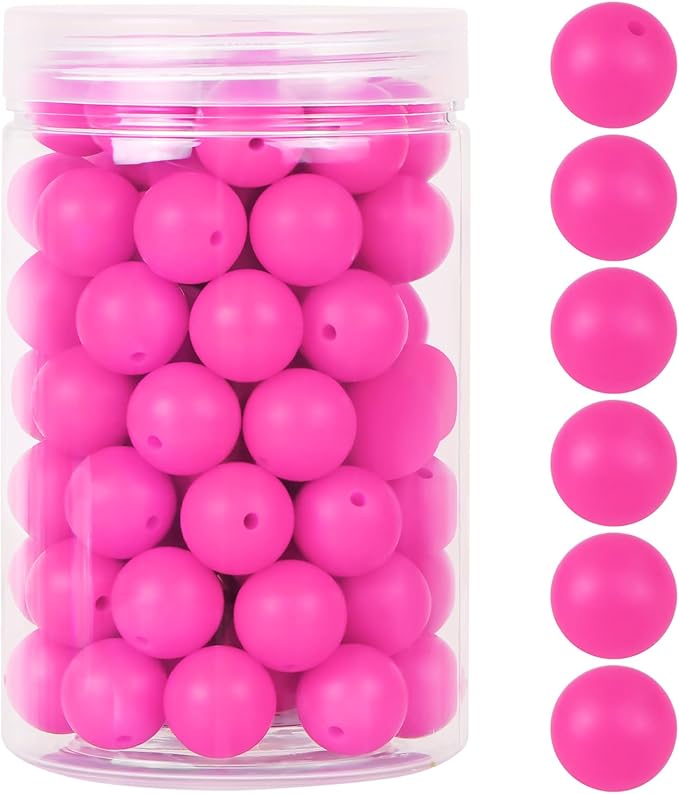 110 Pcs Silicone Focal Beads, EVERMARKET 15mm Silicone Beads for Keychain Making, Round Silicone Beads Bulk with Bottle, Rubber Loose Beads for Pens Crafts Necklace Bracelet Lanyard (Hot Pink)