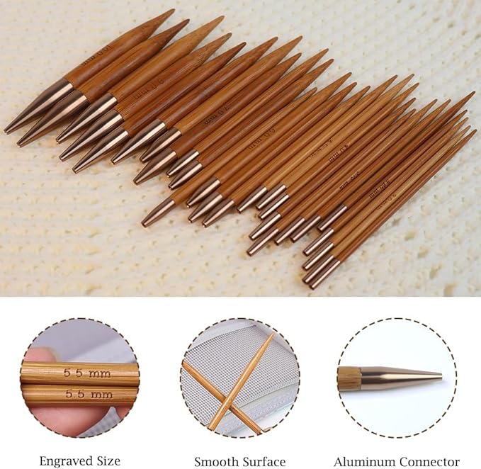 Yarniss Bamboo Circular Knitting Needle with Case,13 Pair Interchangeable Knitting Needles with Flexible Cables 3.5mm~10.0mm, 4-Inch Round Knitting Needle US Size 2.5~15