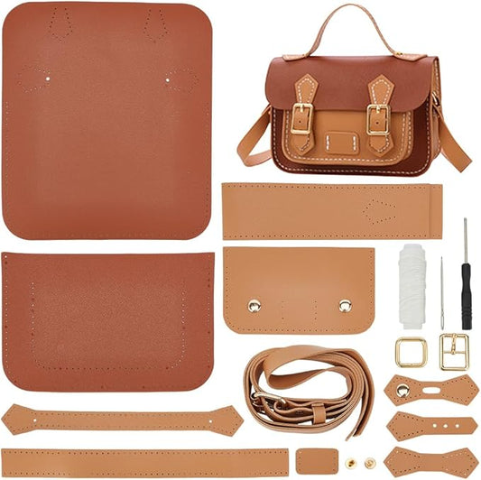 WADORN DIY Crossbody Bag Making Kits, PU Leather Shoulder Bag Sewing Set with Instruction Handmade Satchel Handbag Making Kit Purse Sewing Kit for Women Handicraft Gift, 9.8x3.5x6.7 Inch(Brown+Khaki)