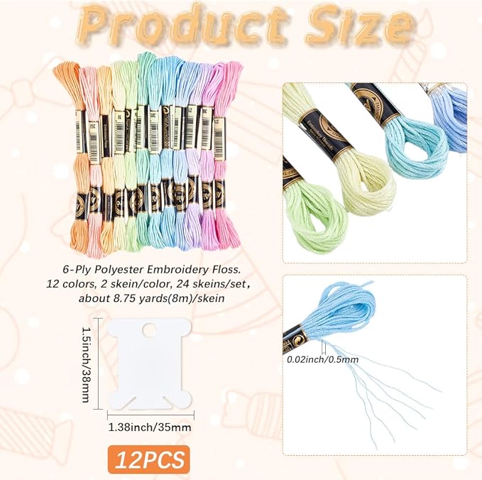 210 Yards 24 Skeins Colorful Cross Stitch Threads Polyester Embroidery Floss Friendship Yarn 6 Ply Rainbow Embroidered String for Sewing Making Bracelets Birthday Wedding Stitching Craft Diy