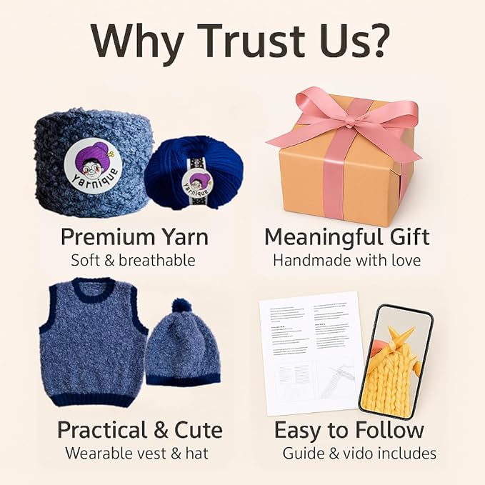 yarnique learn to knit kit for beginners - complete baby knitting kit with italian boucle & merino wool - beginner knitting kit for adults moms - diy baby vest & hat starter set with video tutorials