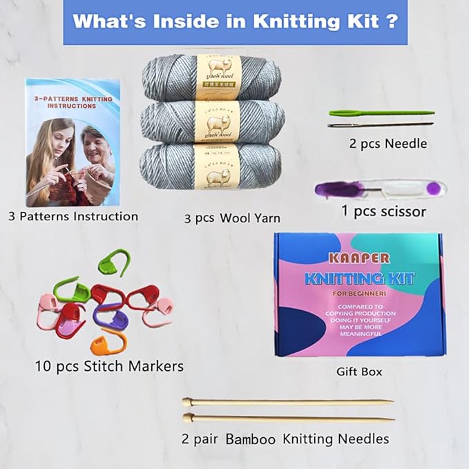 kaaper knitting kit for beginners adults, crochet kit for beginners knitting starter kit, learn to knit starter bundle for scarves, hats & gloves includes wool yarn, needles & accessories (gray)