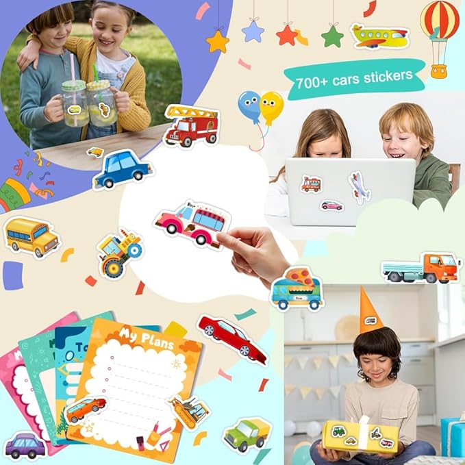 36 sheets cars and trucks stickers for kids, 700+ vehicle transportation stickers party favors pack including cars, construction,fire trucks,buses,airplane,rocket and more!