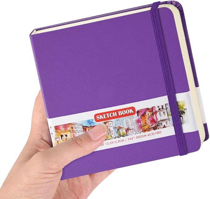 Square 5x5 inches 80gsm 96sheets/192 Pages Notebooks Blank Sketchbooks Travel Journal Pocket Hardcover Paint Writing Diary Memo Planner PU Leather Cover. Purple