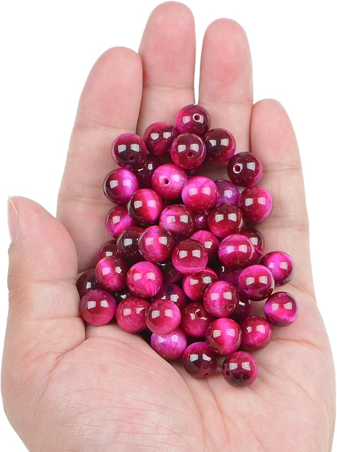 bymitel 90pcs crystal beads stone gemstone round energy healing loose beads with stretch cord for jewelry making bracelets anklets (light fuchsia tiger's eye, 10mm 90pcs)