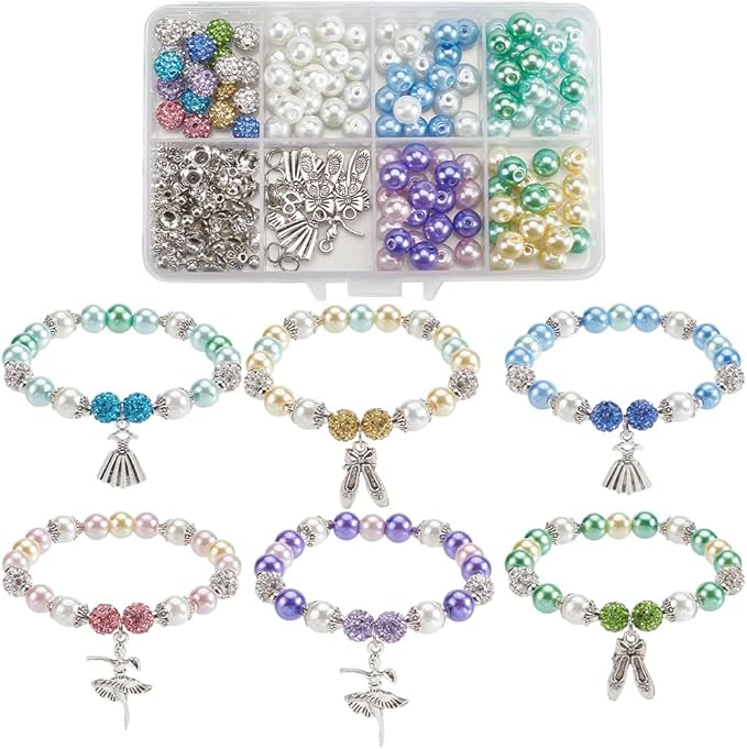 SUNNYCLUE 1 Box 236pcs DIY 6 Sets Ball Bracelet Making Kit Dance Charms Bulk Dancer Shoes Dress Theme Polymer Clay Rhinestone Disco Ballet Imitation Pearl Beads for Jewelry Making Starters Supplies
