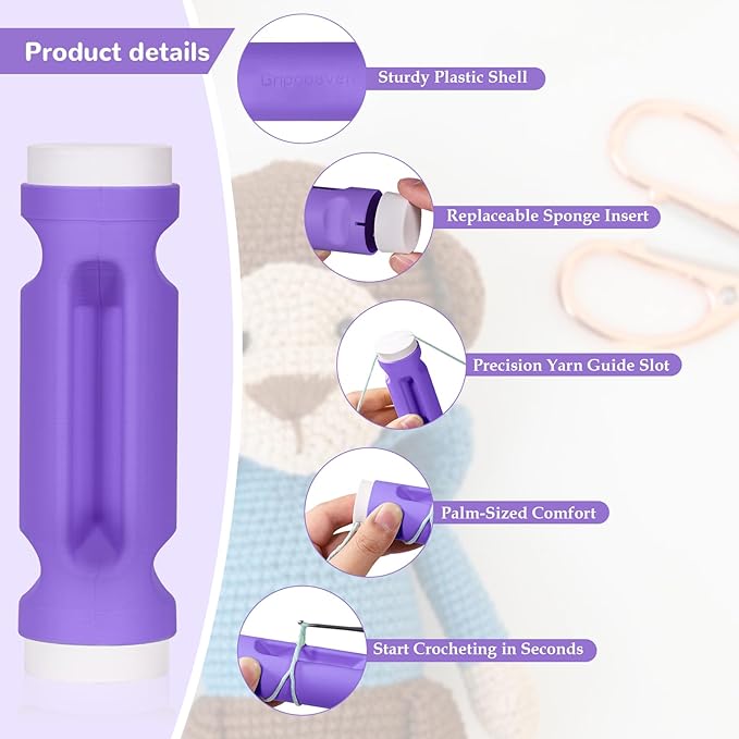 Crochet Loop Guide for Beginners, Durable Plastic 4" Crochet Holder with 6 Replaceable Sponges, Reusable Yarn Guide Tool Accessories for All Yarn Types, Easy Start Crochet Ring Aid (Purple)