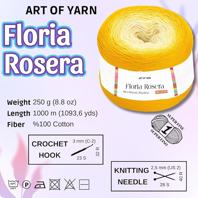 Floria Rosera 100% Cotton Yarn 250g (8.80oz), 1094 Yards - Vibrant Multicolor Rainbow Yarn for Crochet Knitting Amigurumi Crafts - Ideal for Spring Summer Projects